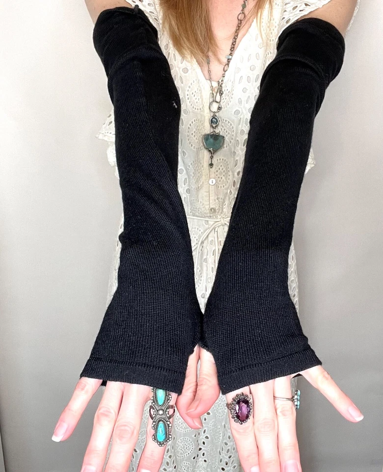 Calentadores de brazo de cachemir guantes negros tejidos sin dedos largos hasta el codo ligeros Foto 2 de 4