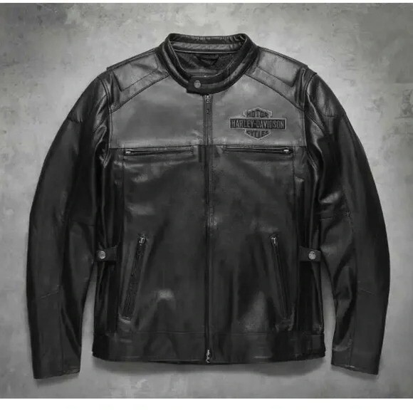 Chaqueta de motociclista Harley Davidson negra de cuero de vaca genuino para hombre