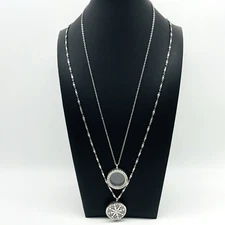 Round Pendant Necklace Lot of 2 Silver Tone Clear Charm Locket and Floral Vine