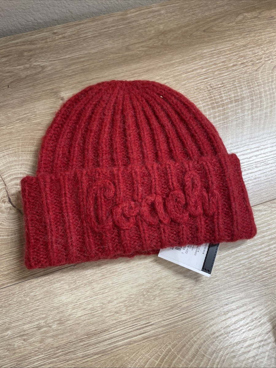 Coach Script Knit Beanie Hat Mens One Size Red Wool Logo  display picture 1