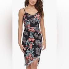 GUESS Floral Embroidered Mesh Overlay Bodycon Dress Black Red Blue Size 10 EUC