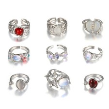 9PCS Aesthetic Silver Plated Rings Set Irregular Moonstone Gemstones