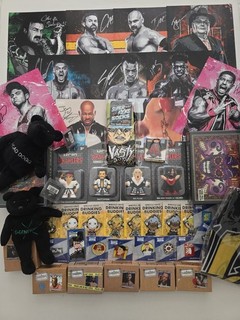 Wrestle Crate Giant 45 Item Bundle Lot Autographs Brawlers Pins Socks Flag