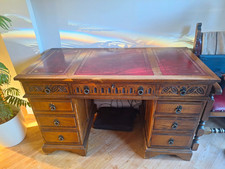 Wood Pedestal Desk Red Leather Writing Top 7 Drawers Metal Handles Brown