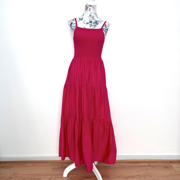 Witchery Dress Size 6 Pink Shirred Bodice Cotton Tiered Sleeveless Maxi Sundress