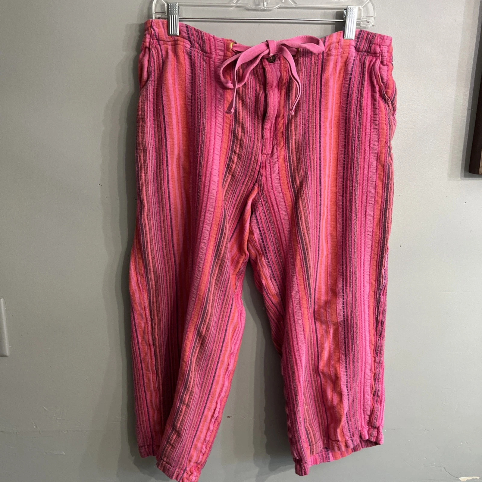 Sundance Women's Striped Capri Hot Pink Pants Cotton Blend, Tie Waist, Zippered