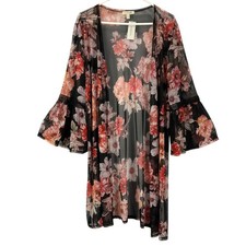 loralette Black Floral Bell Sleeve Sheer Kimono Open Cardigan Duster 1X NWT
