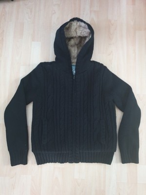 Sublevel, Damen-Strickjacke mit Kunstfell-Futter, Größe XL, Kapuze, schwarz