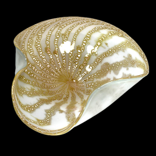 Vintage Barbini Murano Ashtray Bowl White Silver Leaf Gold Stripe 10" Italy MCM