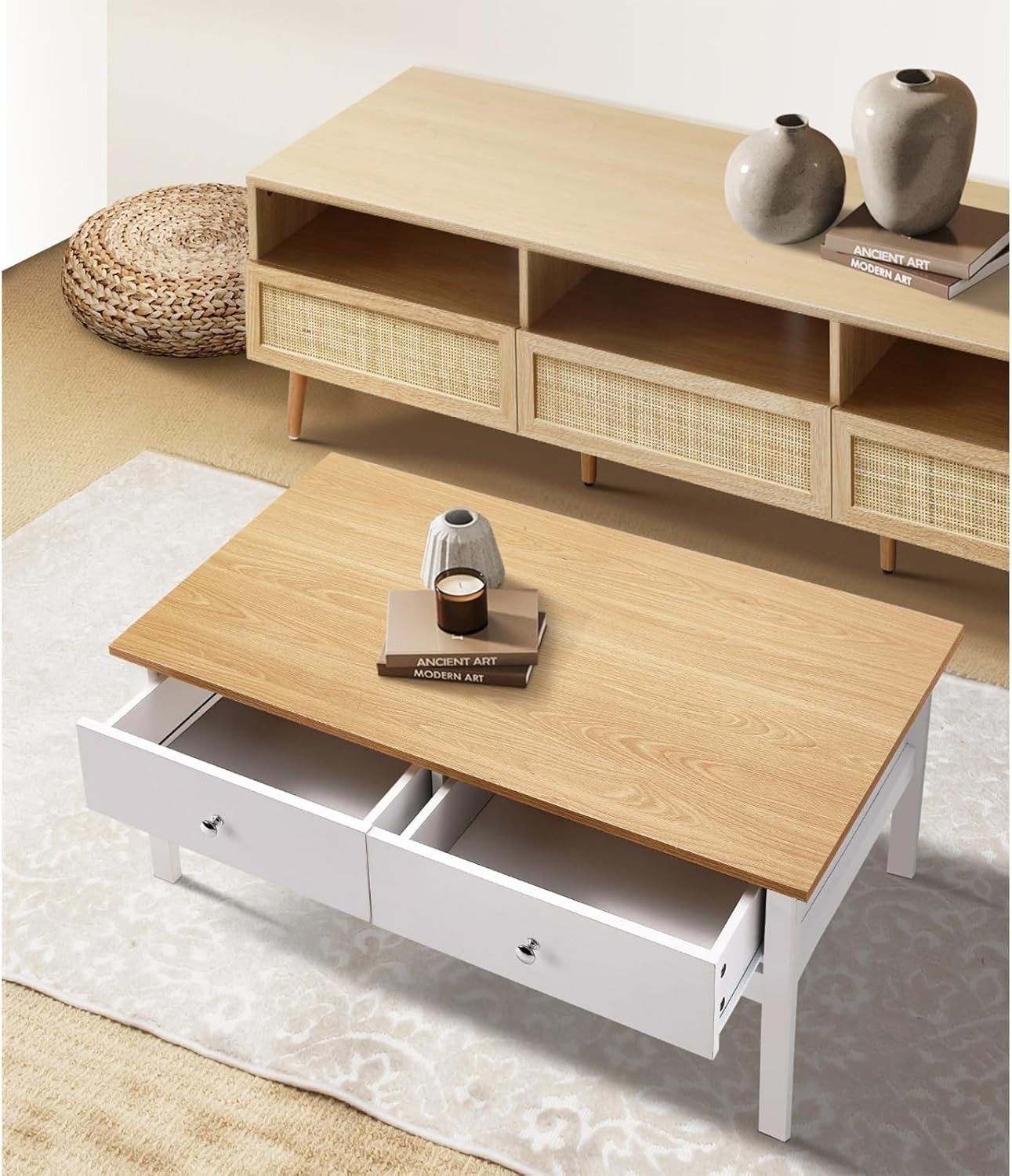Coffee Table with 2 Storage Drawers Sofa Cafe Desk Natural White