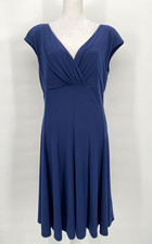 Lauren Ralph Lauren Dress Women 10 Blue Stretch Surplice Fit Flare Office Career