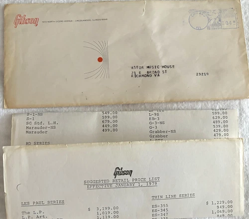 Gibson Guitars Price List Jan 1, 1979 + Gibson Envelope Postmarked Chicago IL