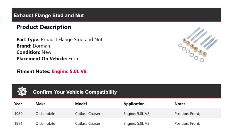 Para Oldsmobile Cutlass Cruiser Dorman 1980-1981 brida de escape perno y tuerca Foto 2 de 4
