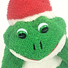 Russ Holiday Terry Cloth 6" FROG Hand Bean Bag Tush Plush Beady Eyes Santa Hat