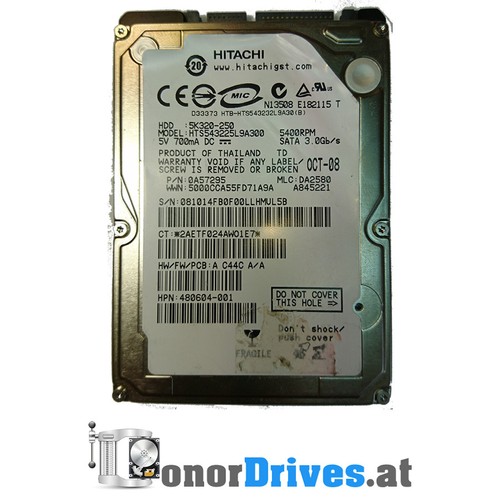 Hitachi 5K320-250 - HTS543225L9A300 - 250 GB - SATA - 220 0A90002 Rev. 01*