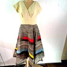 Vintage Junior Accent Womens V Neck Multicolor Fit & Flare Midi Dress Size M 8