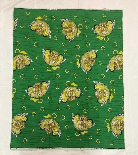 African Fabric Print 6 Yards Poly-cotton Ankara Green and Yellow Butterfly - Image 2 of 4
