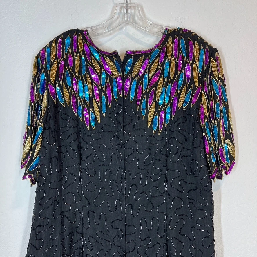 复古亮片丝绸连衣裙串珠正式鸡尾酒黑色 Midi — 第 4/4 张图片