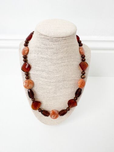 NWT Genuine Murano Glass, Pearl & Agate Necklace Beaded Brown Orange