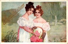 Postcard Congratulations Pretty Young Girls White Dresses Flower Basket    14684