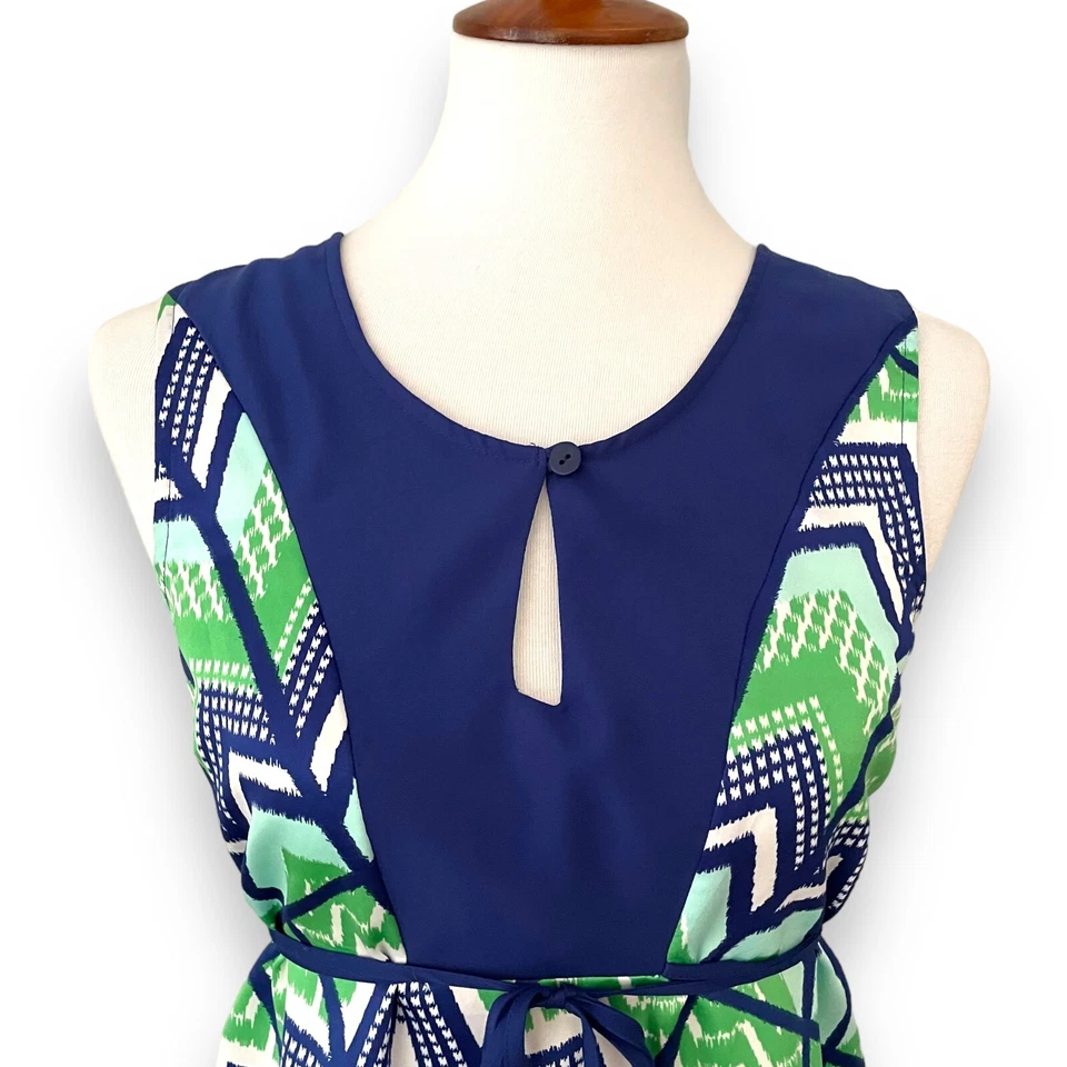 Vestido recto Miss Sixty verde y azul sin mangas con cuello de cerradura estampado de chevron talla 4 Foto 2 de 4