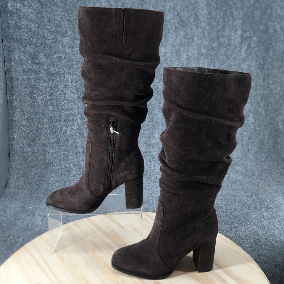 Великолепные ботинки женщин 7,5 М Gloria высокий сутулиться коричневый кожаный стороны молнии блок каблуки - Изображение 2 из 4
