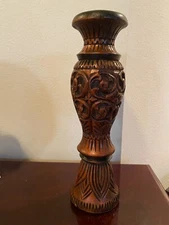 Vintage Hand Carved  Wood Flower Vase Pedestal Lathed Brown 14 Inch Home Decor