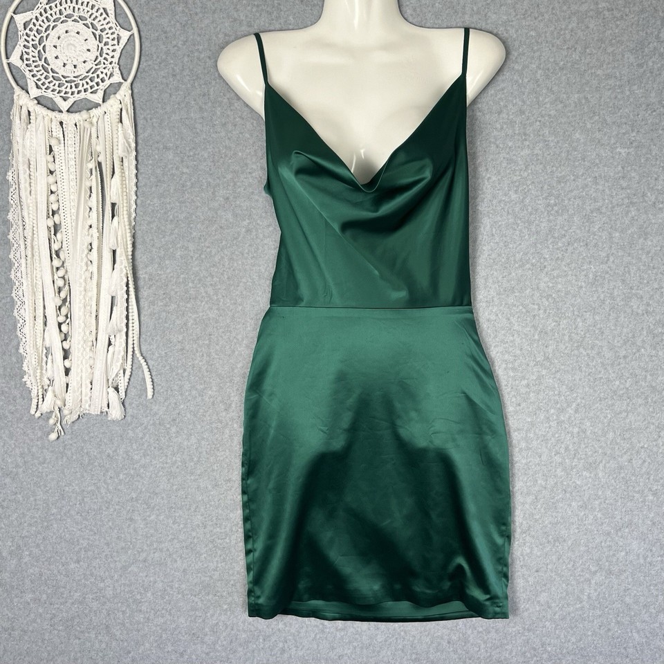 Meshki Dress Womens S 8 Mini Slip Green Satin Cowl Neck Backless Cocktail Party