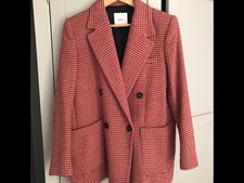 Mango Women's Blazer Coat Pink Red Houndstooth Uk Size 10 12