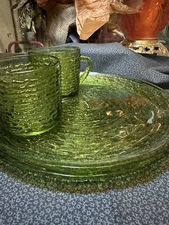 1960s Anchor Hocking Avocado Green Soreno Glass Snack Set 2 Plates & Cups