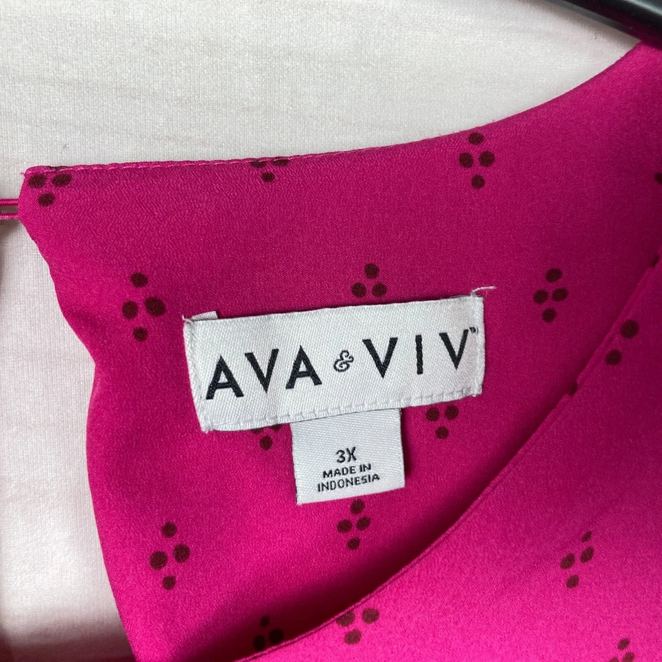 Ava & Viv Top 女式 3X 粉红色荷叶袖衬衫圆点印花套衫圆领 — 第 3/4 张图片