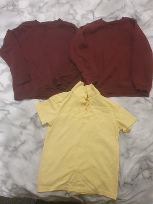 Gelbes Schul-Poloshirt und 2 burgunderrote Schulpullover Alter 8-9 Jahre