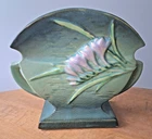 Roseville Pottery Freesia Double Handled Fan Vase Green w/White & Purple 199-6"
