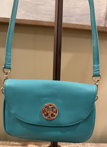 Tory Burch Robinson Turquoise Turn Lock Clutch Crossbody Bag Gold Hardware - Picture 2 of 10