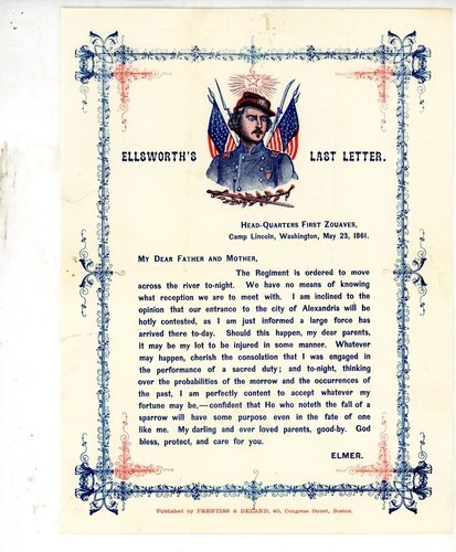 Civil War Patriotic Lettersheet Used with letter Col. Ellsworth