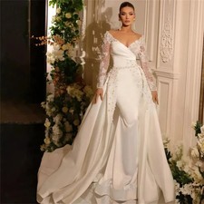 Satin Wedding Dresses Deep V-neck Applique Beading Long Sleeve Beach Bridal Gown