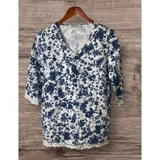 Elena Baldi Women's White and Blue Floral Linen Blouse Made in Italy Size Medium