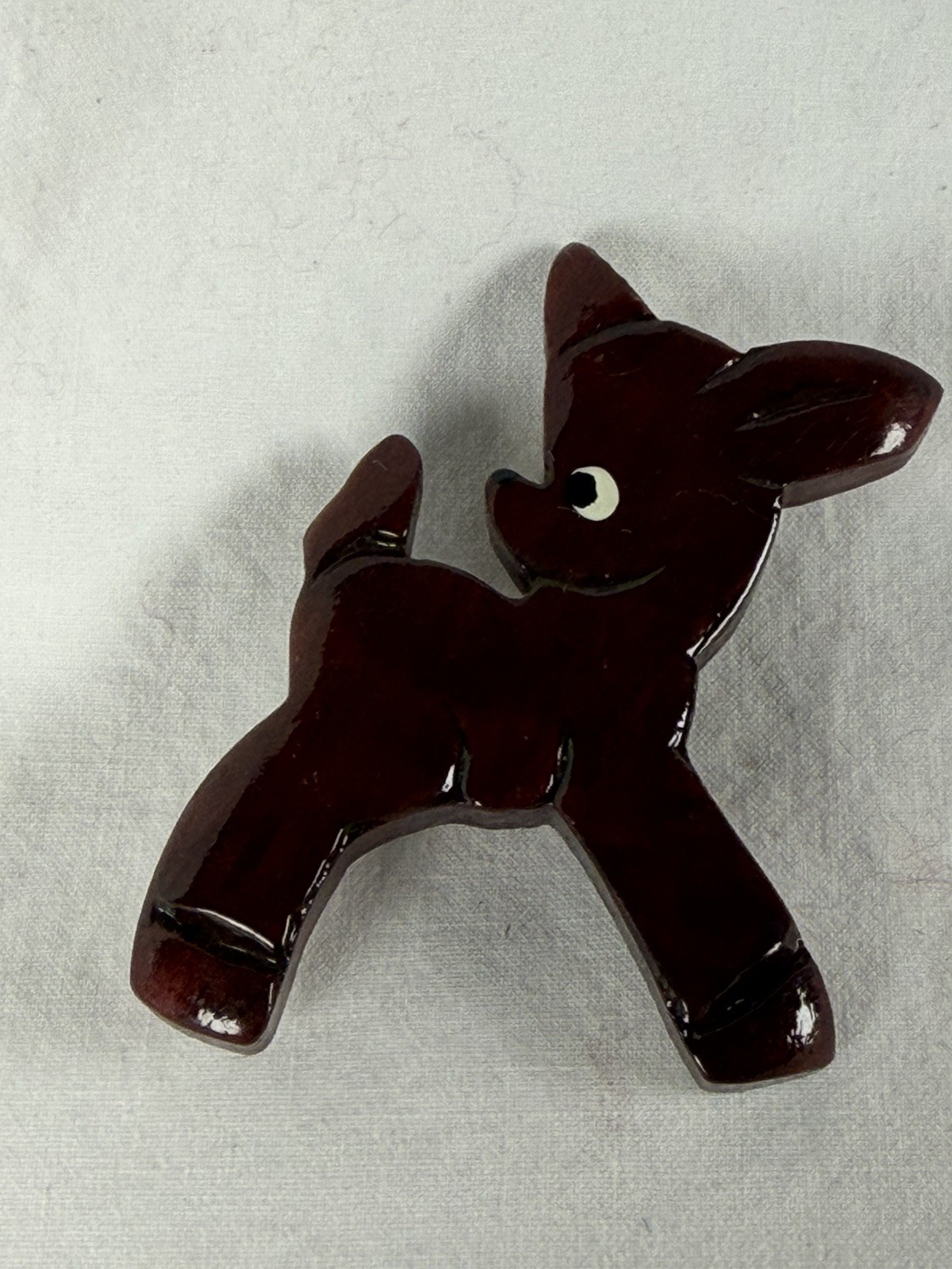 Vintage Wood Hand Carved Fawn Baby Deer Wearing Blue Lucite Flower Brooch Pin