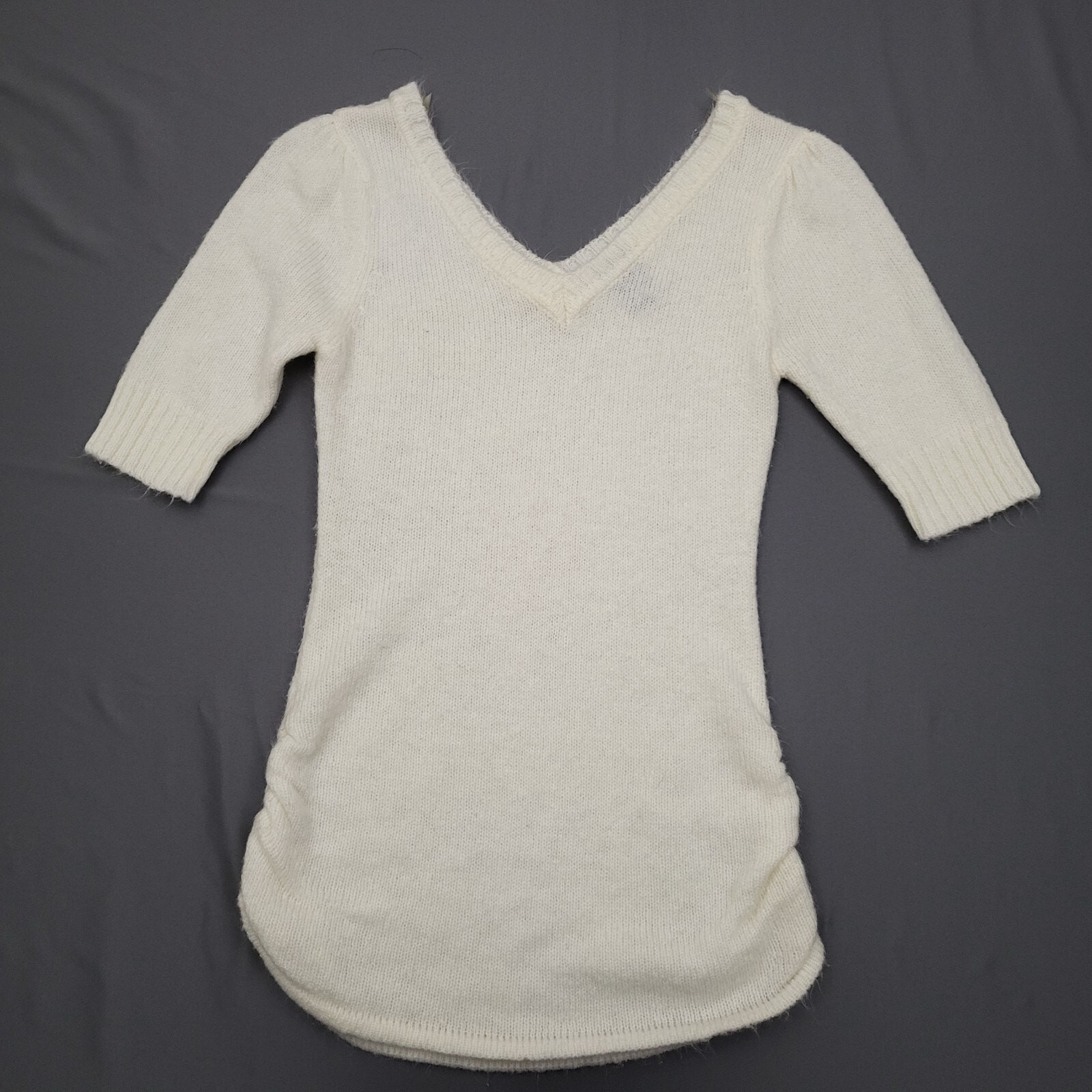 Blue Asphalt Sweater Womens Small S 3/4 Sleeve V Neck Pullover Knit White