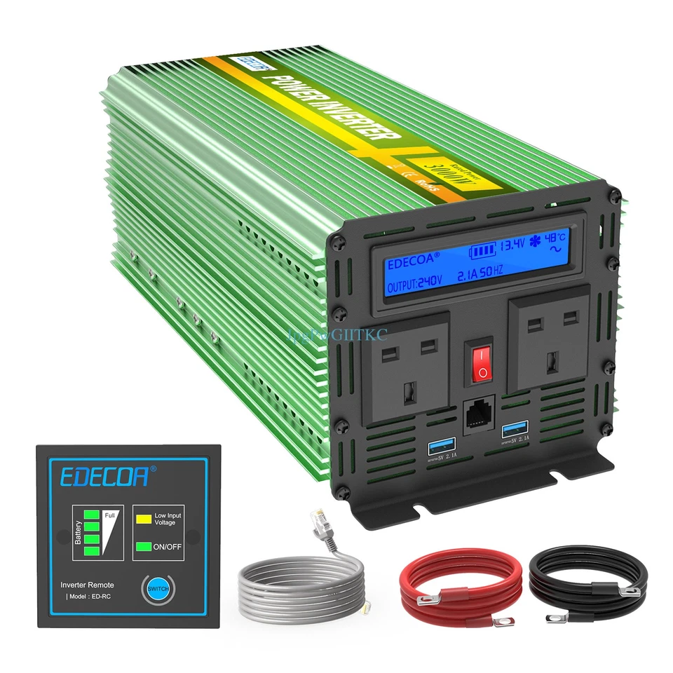 EDECOA Power Inverter 12V to 240V 3000W 6000W Converter UK Plugs LCD USB Remote