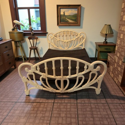 Antique DOLL Wrought Iron Bed Off White With Black Lining 18" X 11"