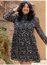 ModCloth Baez For Days Dress Celestial Star Print Metallic Smocked High Neck Si