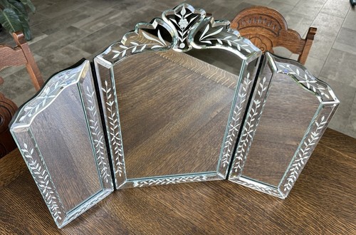 Ornate Victorian Venetian Mirror Etched Vanity Table Hangable Beveled Chipped - Picture 2 of 10