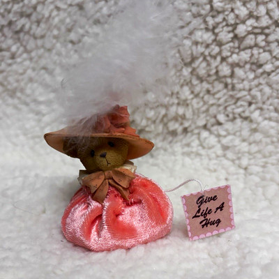 Small Fabric Teddy Bear Figurine Pink Dress Hat Hanging Tag ''Give Life A Hug''