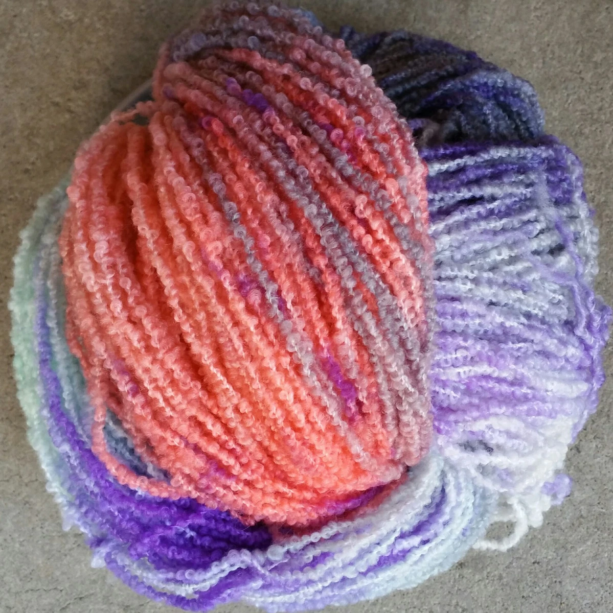 Hand Dyed 100% Merino Boucle Yarn, 100g 200m Purple, Orange, Aqua, Grey 8 Ply