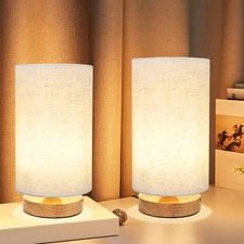 Small Bedside Table Lamp for Bedroom set of 2 Minimalist Wood Base Round Fabric