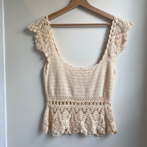 Free People Peplum Crochet Tank Top Womens Small Cream Flutter Sleeve Boho