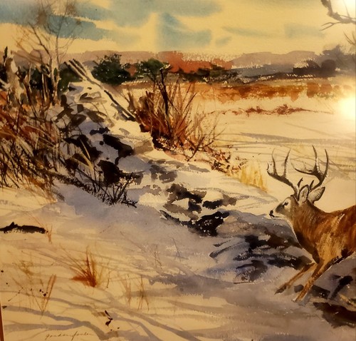 ORIGINAL GORDON FOWLER WATERCOLOR "WINTER PURSUIT" WHITETAIL BUCK 21.5" X 28.5"! - Picture 15 of 16
