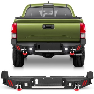 For 2016-2023 Toyota Tacoma Steel Rear Bumper w/ Sensor Hole LED Lights & D-ring