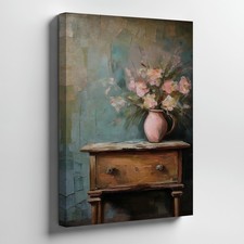 Vintage Floral Canvas Wall Art Pink Flowers Vase On Rustic Wooden Table Print